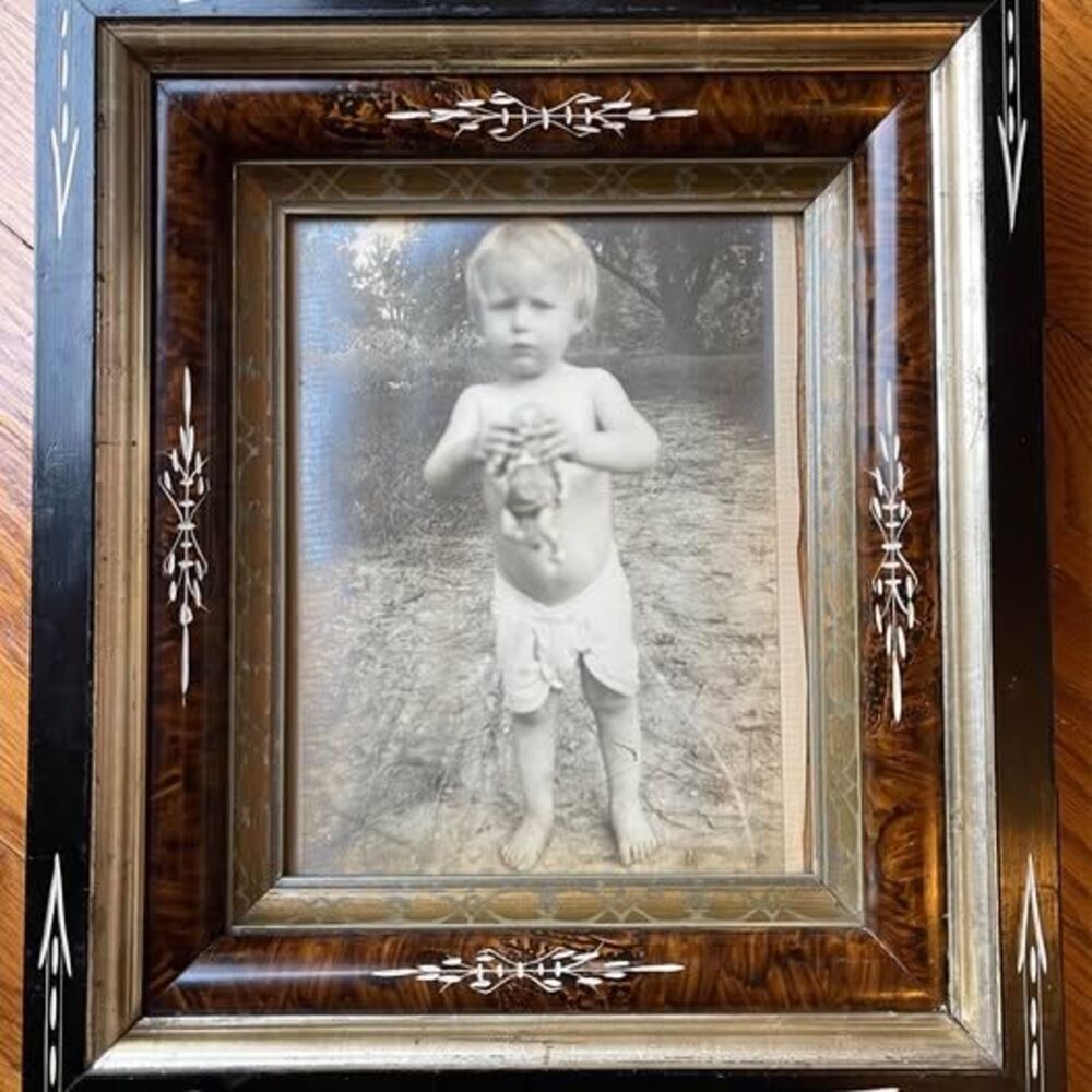 Antique Victorian Eastlake Folk Art Picture Frame Faux Tortoiseshell 15x13
